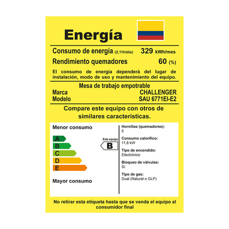 Estufa de Empotrar Challenger Aura Negro 76x50cm 110 Voltios para Gas Natural con Cinco Quemadores - ESTUFAS DE EMPORTRAR Y CUBIERTAS | Bylmo