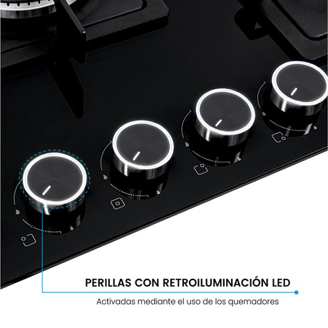 Estufa de Empotrar Challenger Aura Negro 76x50cm 110 Voltios para Gas Natural con Cinco Quemadores - ESTUFAS DE EMPORTRAR Y CUBIERTAS | Bylmo