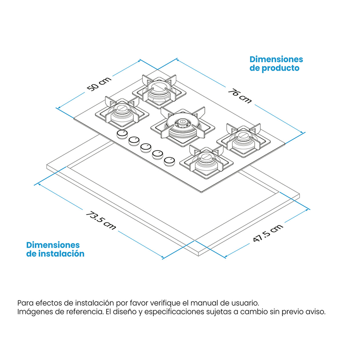 Estufa de Empotrar Challenger Aura Negro 76x50cm 110 Voltios para Gas Natural con Cinco Quemadores - ESTUFAS DE EMPORTRAR Y CUBIERTAS | Bylmo
