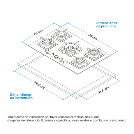 Estufa de Empotrar Challenger Aura Negro 76x50cm 110 Voltios para Gas Natural con Cinco Quemadores - ESTUFAS DE EMPORTRAR Y CUBIERTAS | Bylmo