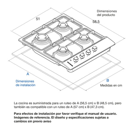 Estufa de Empotrar Challenger Gamma Plateado y Gris 58.5x51cm para Gas Natural con Cuatro Quemadores - ESTUFAS DE EMPORTRAR Y CUBIERTAS | Bylmo