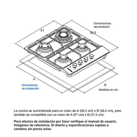 Estufa de Empotrar Challenger Gamma Plateado y Gris 58.5x51cm para Gas Natural con Tres Quemadores y Un Quemador Triple Corona - ESTUFAS DE EMPORTRAR Y CUBIERTAS | Bylmo