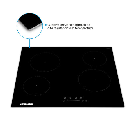 Estufa de Empotrar Challenger Vitrocerámica Negro 56x49cm 220 Voltios con Cuatro Quemadores y con Pantalla Digital - ESTUFAS DE EMPORTRAR Y CUBIERTAS | Bylmo