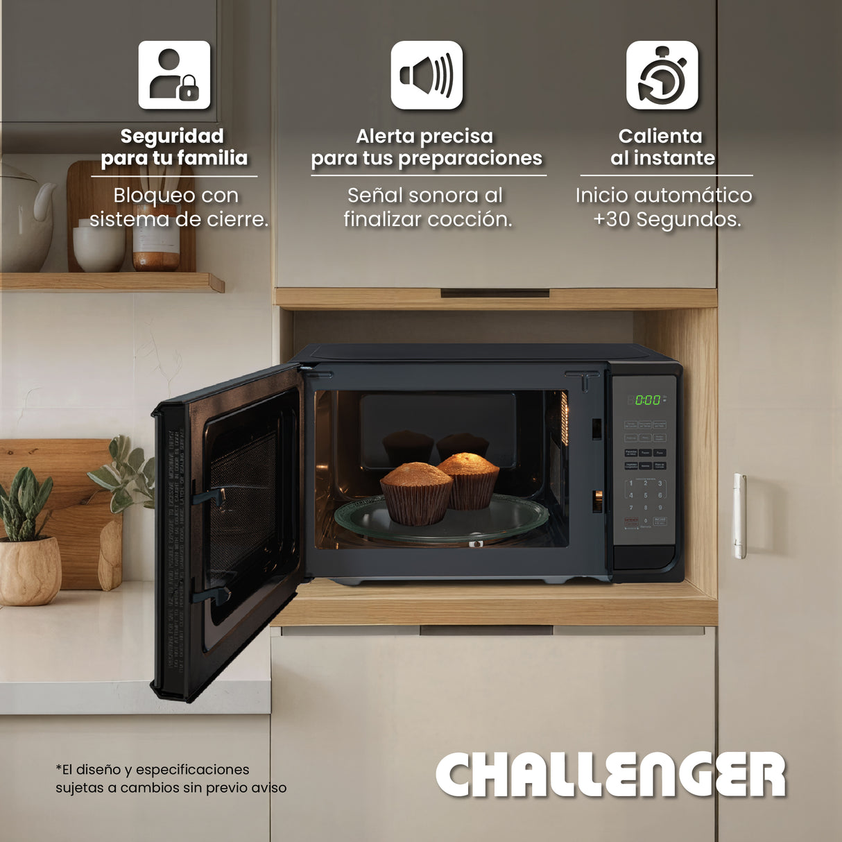 Horno Microondas Challenger Negro 44x29.5cm de 20 Litros con Seis Funciones Preconfiguradas - HORNOS MICROONDAS | Bylmo