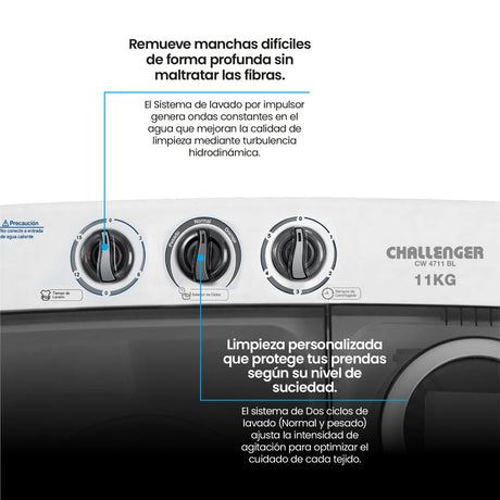 Lavadora Semiautomática Challenger Blanco y Gris 76.1x88.5cm 11 Kilogramos - LAVADORAS Y SECADORAS | Bylmo