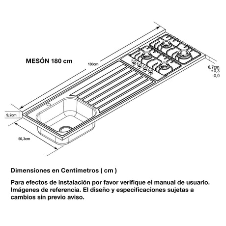 Mesón de Cocina Challenger Gris 180x50.3cm de Acero Inoxidable con Pozuelo Lado Izquierdo y con Estufa - MESONES DE COCINA | Bylmo