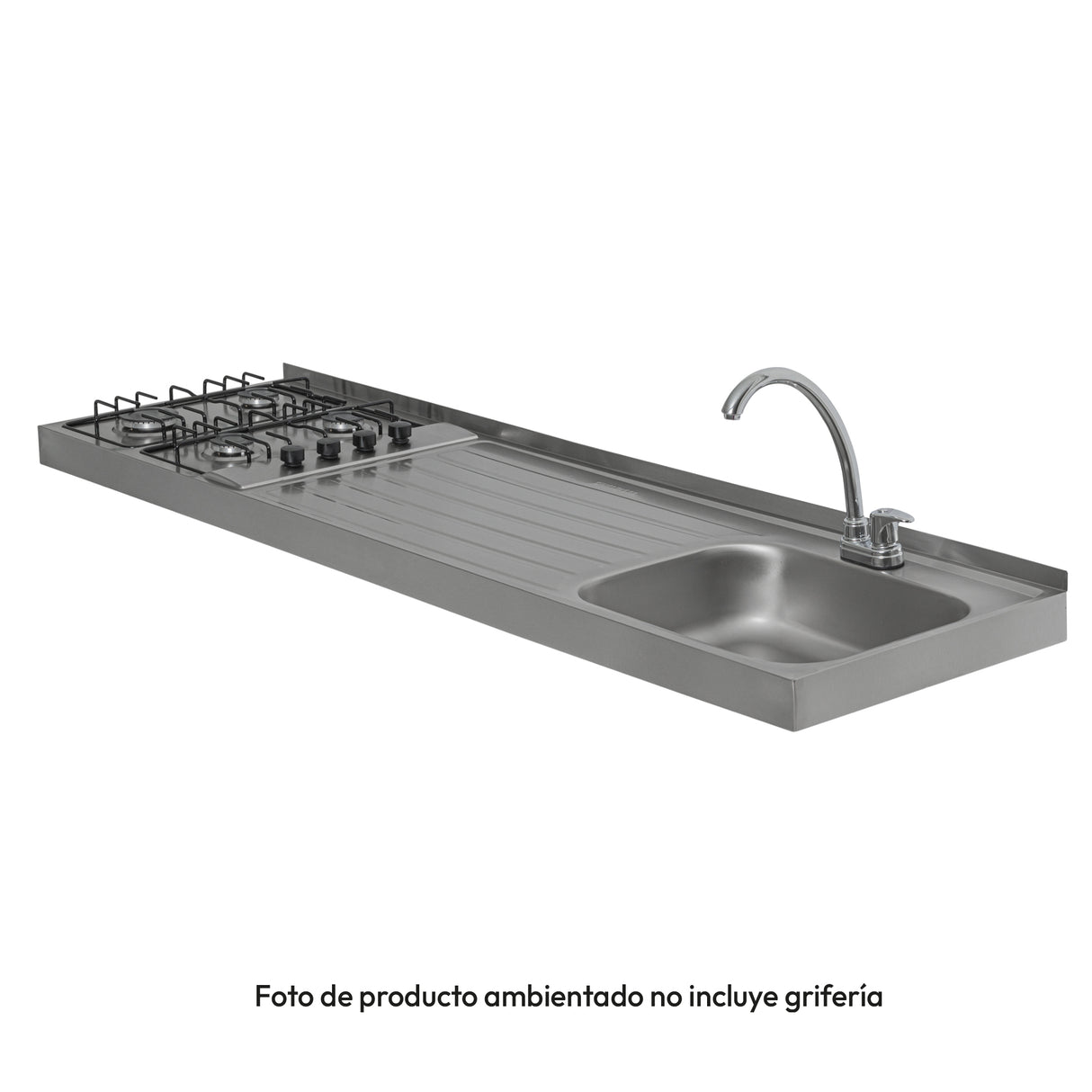 Mesón de Cocina Challenger Gris 180x50.3cm de Acero Inoxidable con Pozuelo Lado Derecho y con Estufa - MESONES DE COCINA | Bylmo