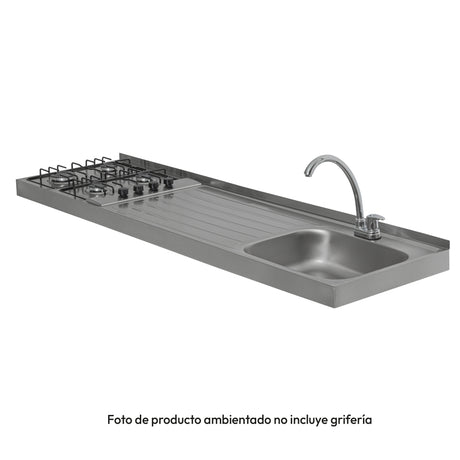 Mesón de Cocina Challenger Gris 180x50.3cm de Acero Inoxidable con Pozuelo Lado Derecho y con Estufa - MESONES DE COCINA | Bylmo