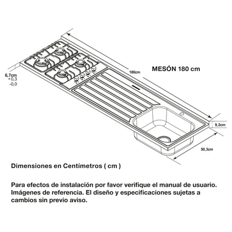 Mesón de Cocina Challenger Gris 180x50.3cm de Acero Inoxidable con Pozuelo Lado Derecho y con Estufa - MESONES DE COCINA | Bylmo
