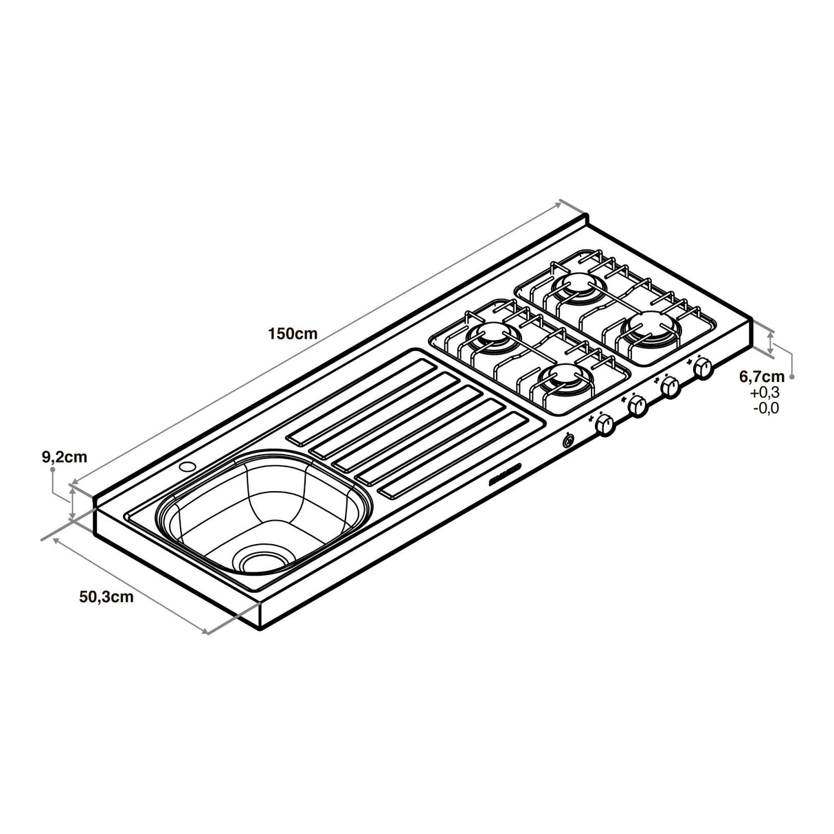 Mesón de Cocina Challenger Gris 150x50cm de Acero Inoxidable con Pozuelo Lado Izquierdo y con Estufa - MESONES DE COCINA | Bylmo
