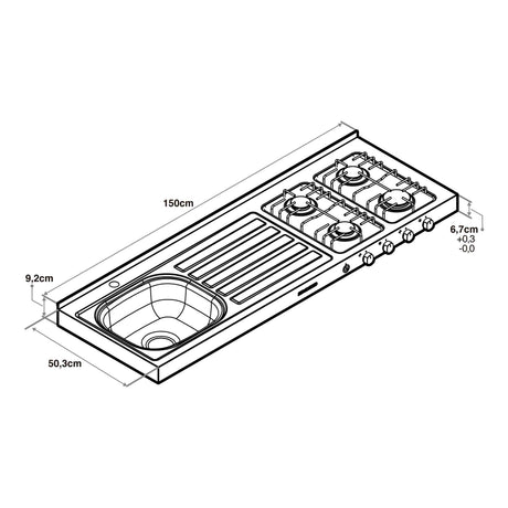 Mesón de Cocina Challenger Gris 150x50cm de Acero Inoxidable con Pozuelo Lado Izquierdo y con Estufa - MESONES DE COCINA | Bylmo