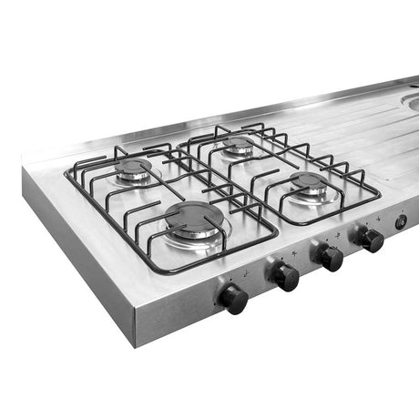 Mesón de Cocina Challenger Gris 150x50cm de Acero Inoxidable con Pozuelo Lado Derecho y con Estufa - MESONES DE COCINA | Bylmo