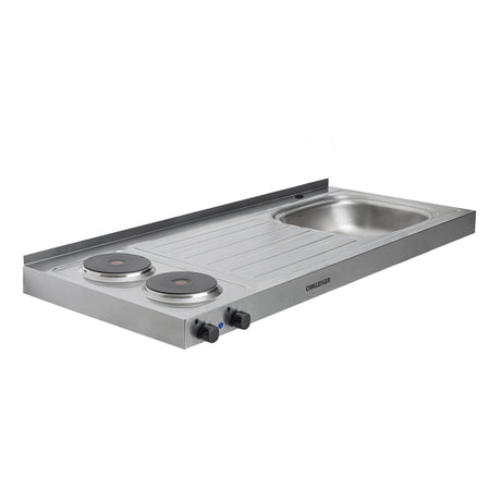 Mesón de Cocina Challenger Gris 120x50cm de Acero Inoxidable con Pozuelo Lado Derecho y con Estufa - MESONES DE COCINA | Bylmo