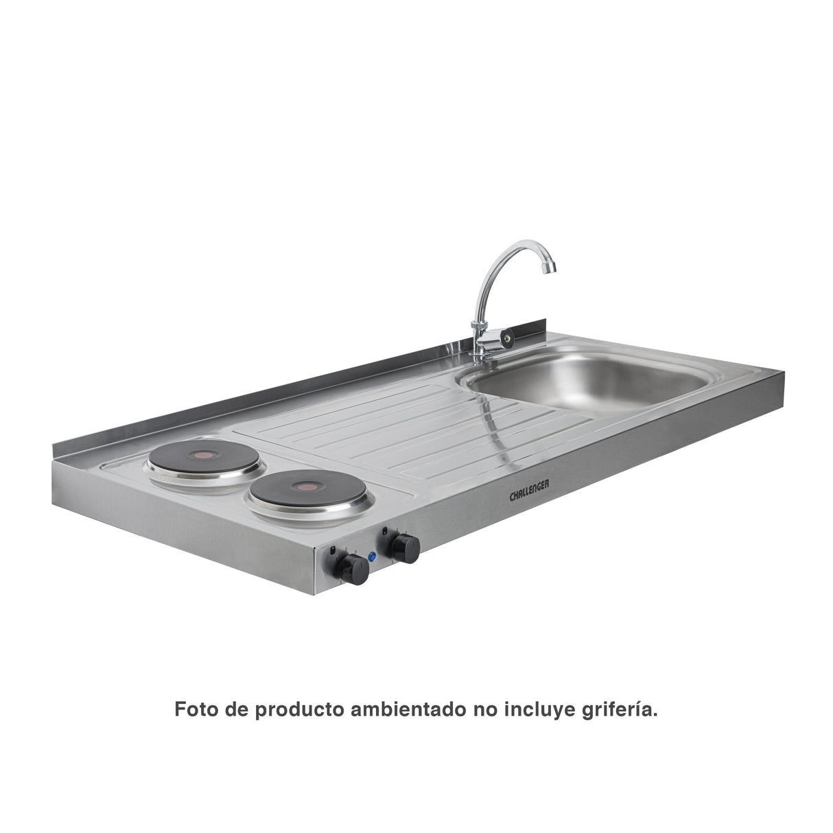 Mesón de Cocina Challenger Gris 120x50cm de Acero Inoxidable con Pozuelo Lado Derecho y con Estufa - MESONES DE COCINA | Bylmo