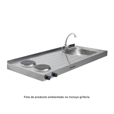 Mesón de Cocina Challenger Gris 120x50cm de Acero Inoxidable con Pozuelo Lado Derecho y con Estufa - MESONES DE COCINA | Bylmo