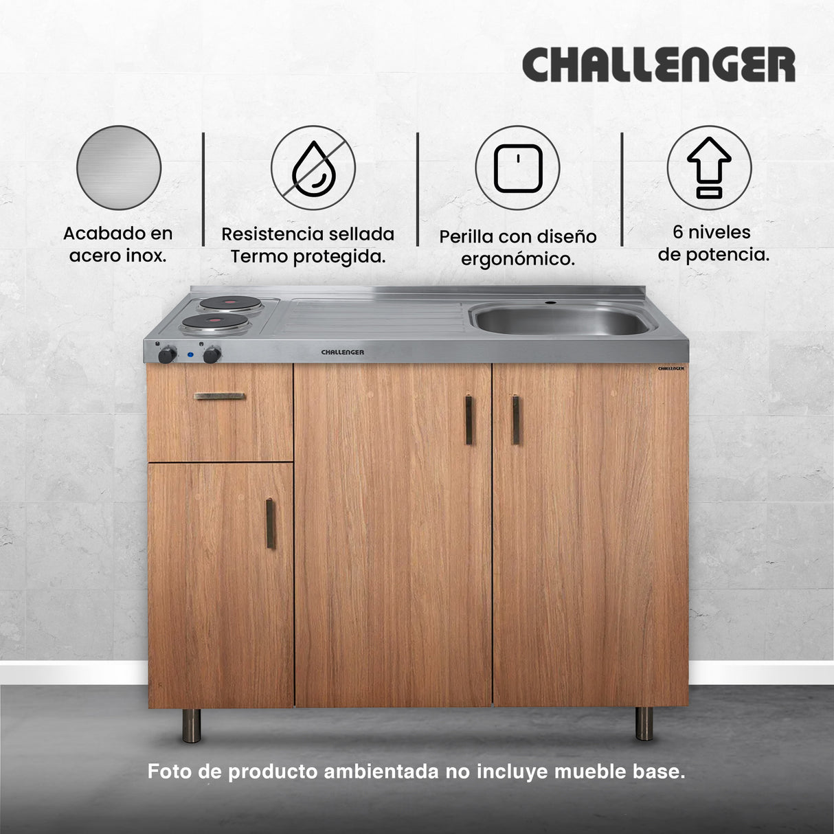 Mesón de Cocina Challenger Gris 120x50cm de Acero Inoxidable con Pozuelo Lado Derecho y con Estufa - MESONES DE COCINA | Bylmo