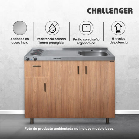 Mesón de Cocina Challenger Gris 120x50cm de Acero Inoxidable con Pozuelo Lado Derecho y con Estufa - MESONES DE COCINA | Bylmo