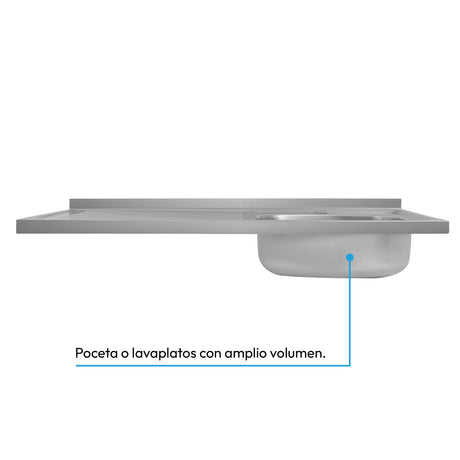 Mesón de Cocina Challenger Gris 100x50cm de Acero Inoxidable con Pozuelo Lado Derecho y sin Estufa - MESONES DE COCINA | Bylmo