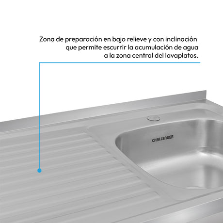 Mesón de Cocina Challenger Gris 100x50cm de Acero Inoxidable con Pozuelo Lado Derecho y sin Estufa - MESONES DE COCINA | Bylmo