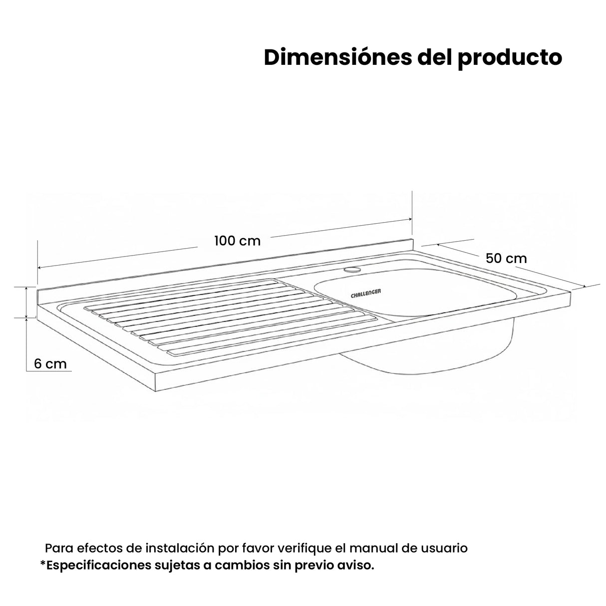 Mesón de Cocina Challenger Gris 100x50cm de Acero Inoxidable con Pozuelo Lado Derecho y sin Estufa - MESONES DE COCINA | Bylmo