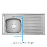 Mesón de Cocina Challenger Gris 100x50cm de Acero Inoxidable con Pozuelo Lado Izquierdo y sin Estufa - MESONES DE COCINA | Bylmo