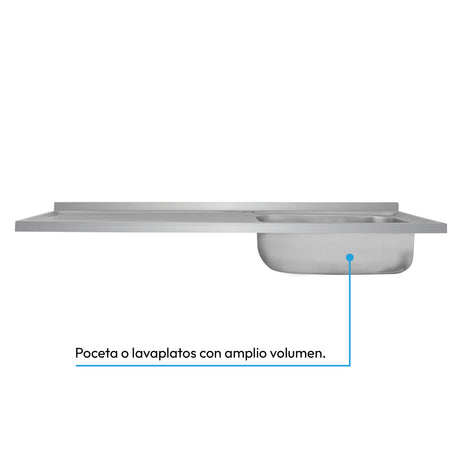 Mesón de Cocina Challenger Gris 120x50cm de Acero Inoxidable con Pozuelo Lado Derecho y sin Estufa - MESONES DE COCINA | Bylmo