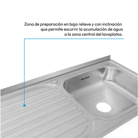 Mesón de Cocina Challenger Gris 120x50cm de Acero Inoxidable con Pozuelo Lado Derecho y sin Estufa - MESONES DE COCINA | Bylmo