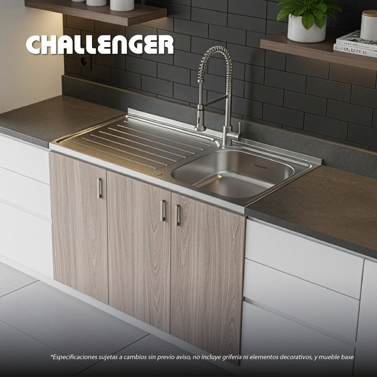 Mesón de Cocina Challenger Gris 120x50cm de Acero Inoxidable con Pozuelo Lado Derecho y sin Estufa - MESONES DE COCINA | Bylmo