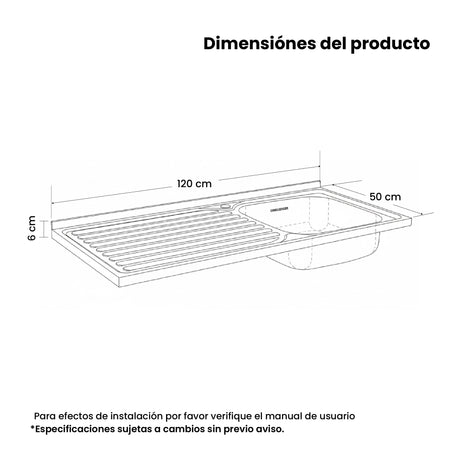 Mesón de Cocina Challenger Gris 120x50cm de Acero Inoxidable con Pozuelo Lado Derecho y sin Estufa - MESONES DE COCINA | Bylmo