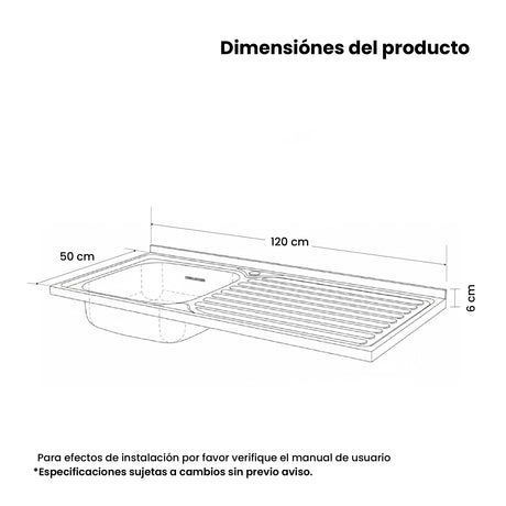 Mesón de Cocina Challenger Gris 120x50cm de Acero Inoxidable con Pozuelo Lado Izquierdo y sin Estufa - MESONES DE COCINA | Bylmo