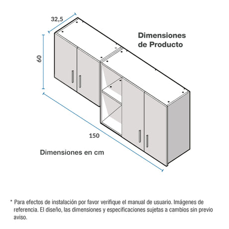 Mueble Superior de Cocina Challenger Nola 150x60cm con Espacio para Extractor - MUEBLES SUPERIORES DE COCINA | Bylmo