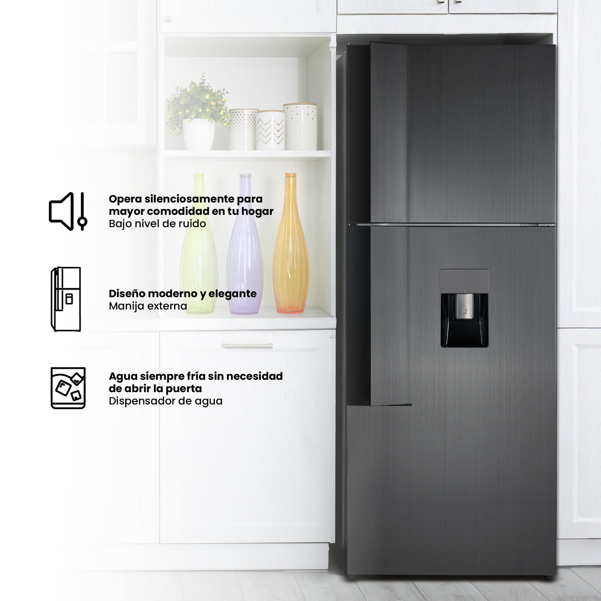 Nevera Challenger E - Cool Gris Oscuro 68x180cm No Frost de 403 Litros con Dispensador de Agua y con Congelador - NEVERAS | Bylmo