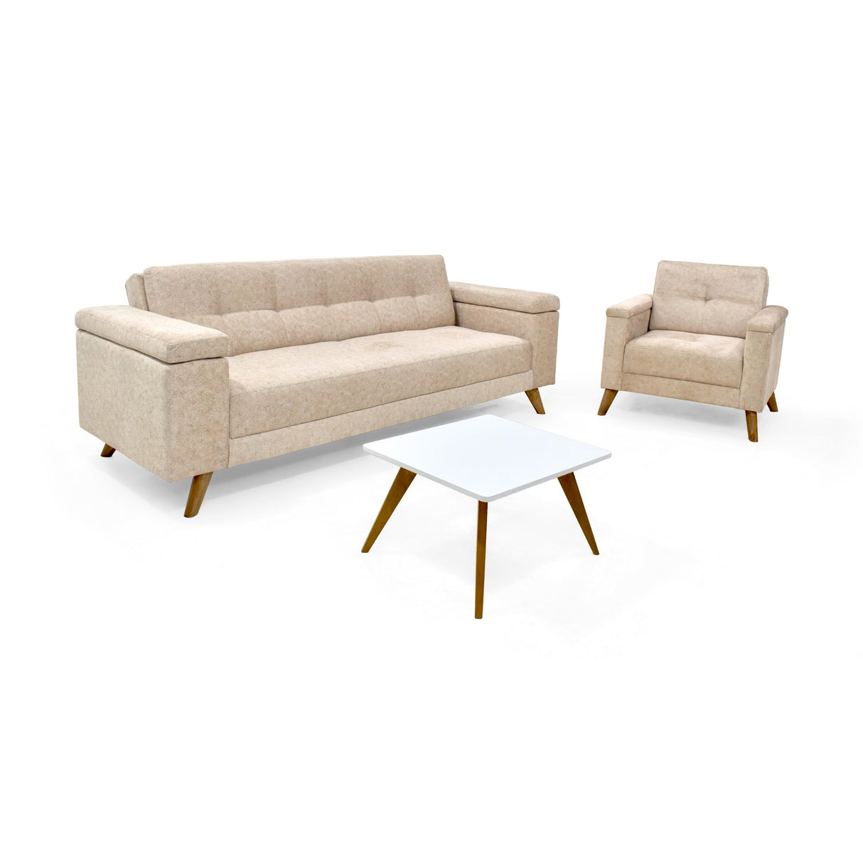 Sala Moretto Beige y Matiz Caoba 230x82cm de Tres Puestos Reclinable con Apoya Brazos - SOFAS Y POLTRONAS | Bylmo