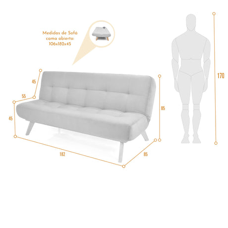 Sofá Cama Porto Gris y Matiz Natural 182x85cm de Tres Puestos Reclinable sin Apoya Brazos - SOFAS Y POLTRONAS | Bylmo