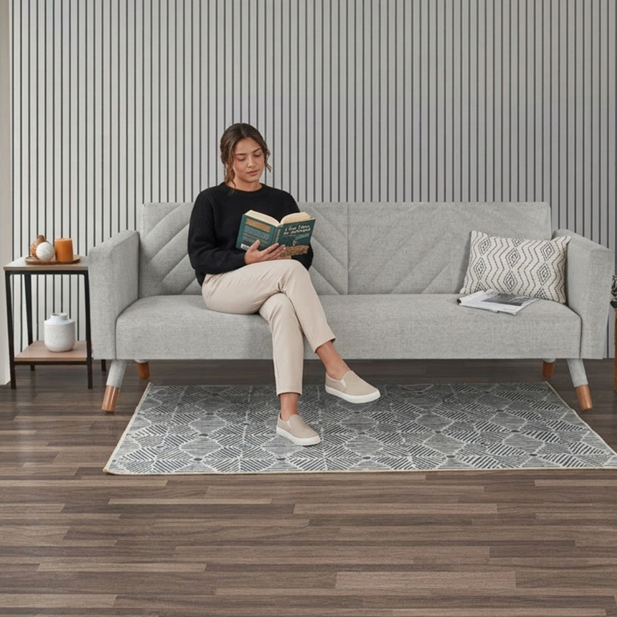 Sofá Cama Artemisa Plata y Matiz Natural 196x78cm de Tres Puestos Reclinable con Apoya Brazos - SOFAS Y POLTRONAS | Bylmo