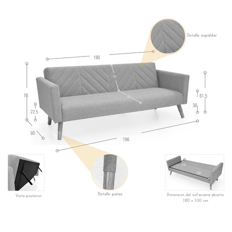 Sofá Cama Artemisa Plata y Matiz Natural 196x78cm de Tres Puestos Reclinable con Apoya Brazos - SOFAS Y POLTRONAS | Bylmo