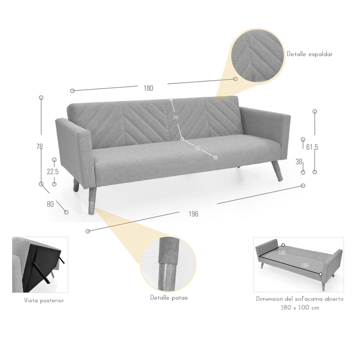 Sofá Cama Artemisa Azul y Matiz Natural 196x78cm de Tres Puestos Reclinable con Apoya Brazos - SOFAS Y POLTRONAS | Bylmo