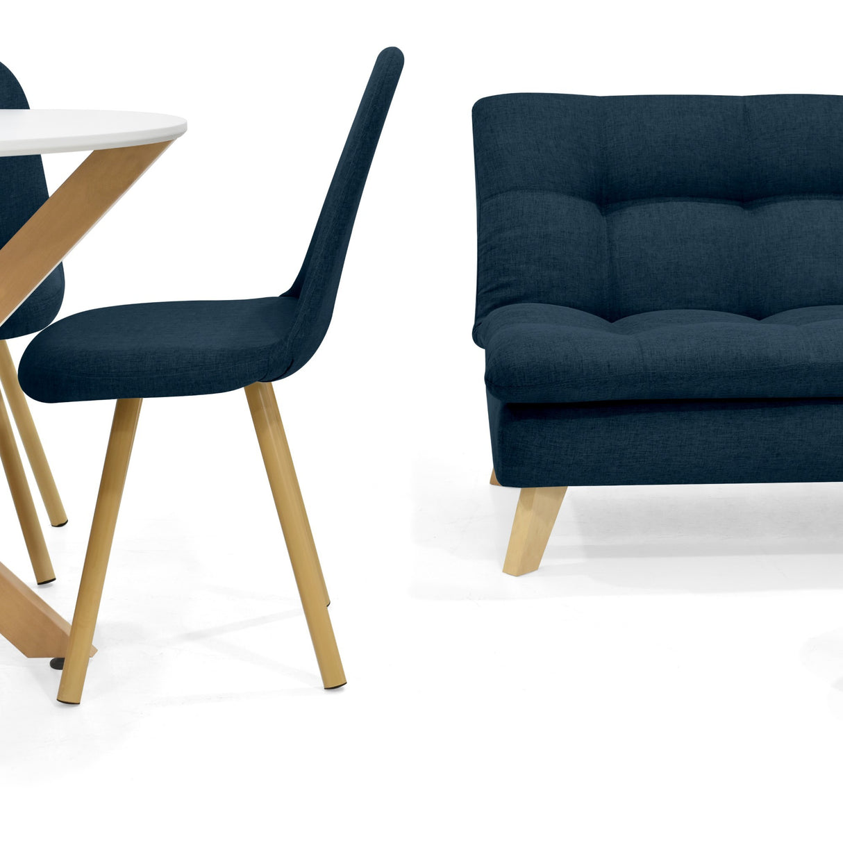 Combo Sala y Comedor Toulouse Azul y Matiz Natural 140x80cm de Dos Puestos sin Apoya Brazos con Cuatro Sillas - SOFAS Y POLTRONAS | Bylmo