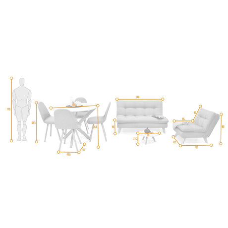 Combo Sala y Comedor Toulouse Azul y Matiz Natural 140x80cm de Dos Puestos sin Apoya Brazos con Cuatro Sillas - SOFAS Y POLTRONAS | Bylmo