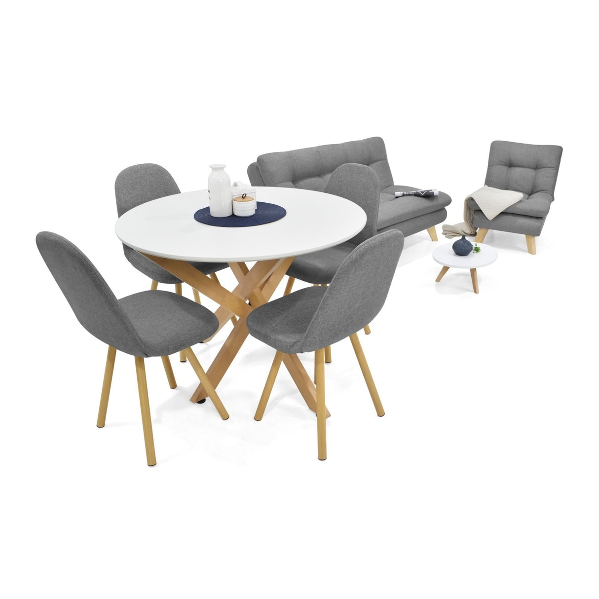 Combo Sala y Comedor Toulouse Gris y Matiz Natural 140x80cm de Dos Puestos sin Apoya Brazos y con 4 Sillas de Comedor - SOFAS Y POLTRONAS | Bylmo