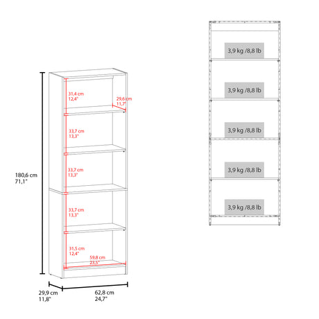 Estantería Home E3 Avellana 62.8x180.6cm Rectangular con Cinco Compartimientos y con Cuatro Entrepaños - BIBLIOTECAS Y ESTANTERIAS | Bylmo
