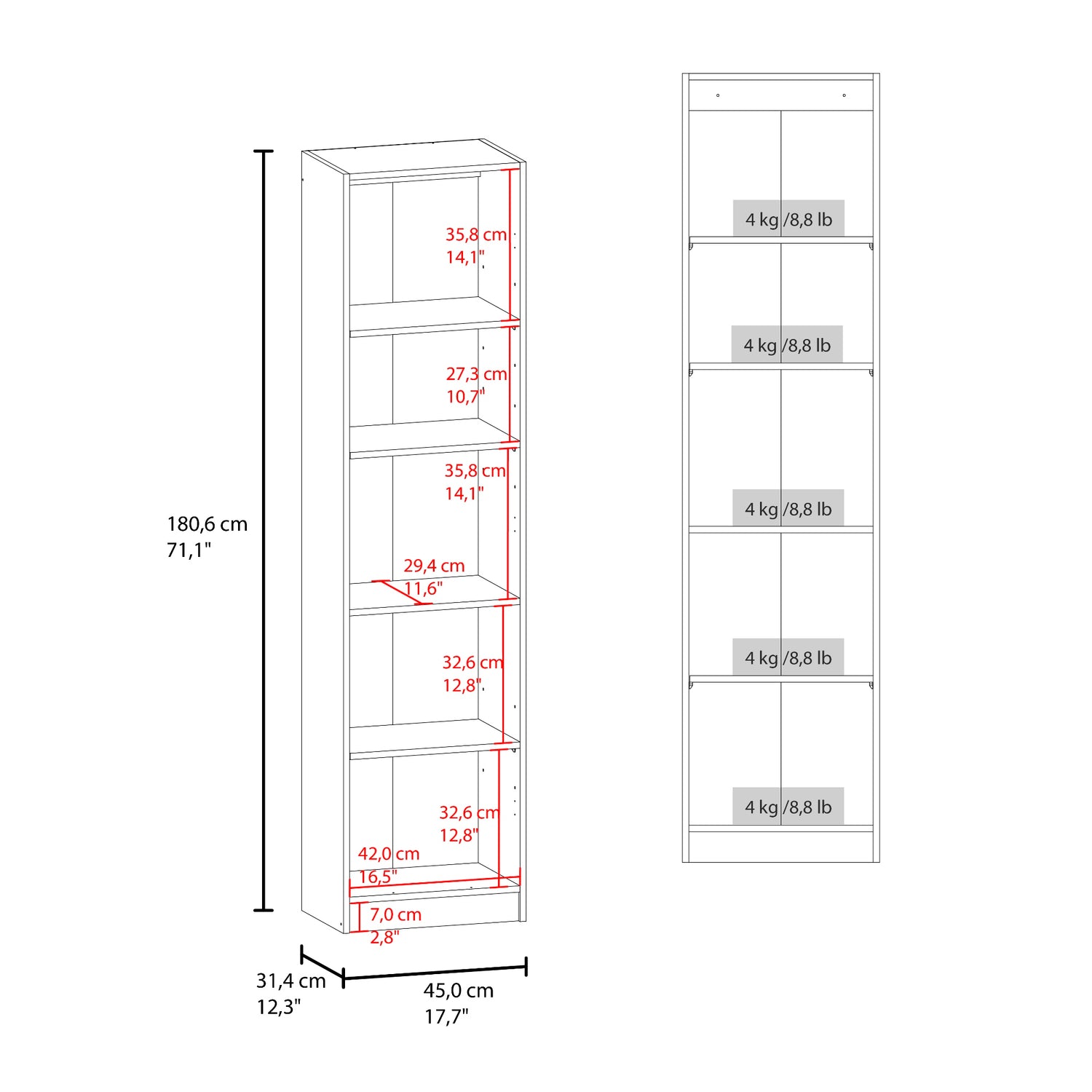 Estantería Home E5 Cartagena 45x180.6cm Rectangular con Cuatro Entrepaños - BIBLIOTECAS Y ESTANTERIAS | Bylmo