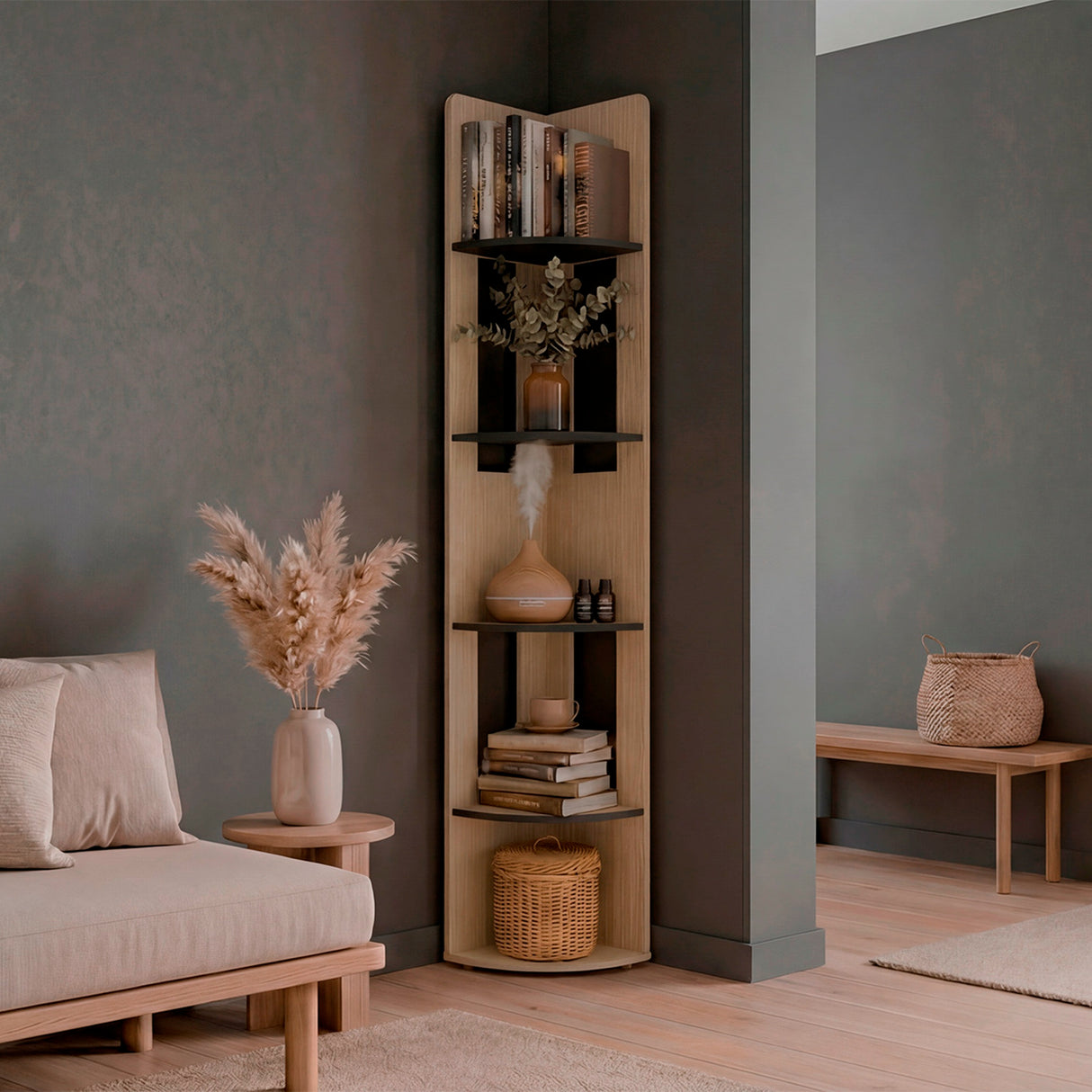 Estantería Home E7 Cartagena 30x180.6cm Triangular con Cinco Compartimientos y con Cuatro Entrepaños - BIBLIOTECAS Y ESTANTERIAS | Bylmo