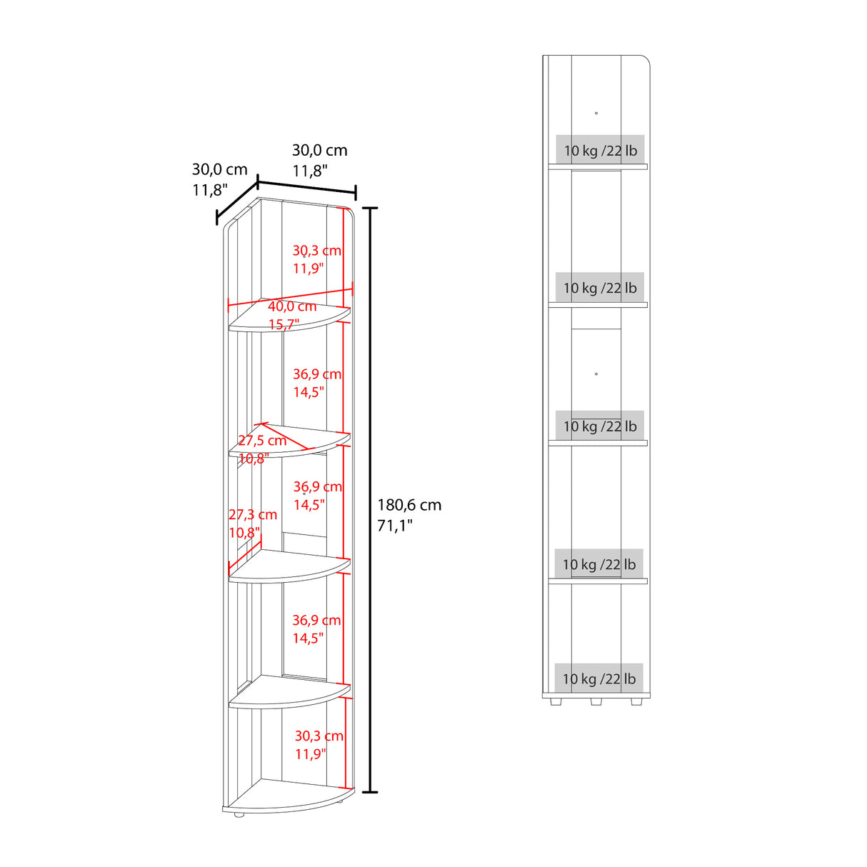 Estantería Home E7 Cartagena 30x180.6cm Triangular con Cinco Compartimientos y con Cuatro Entrepaños - BIBLIOTECAS Y ESTANTERIAS | Bylmo