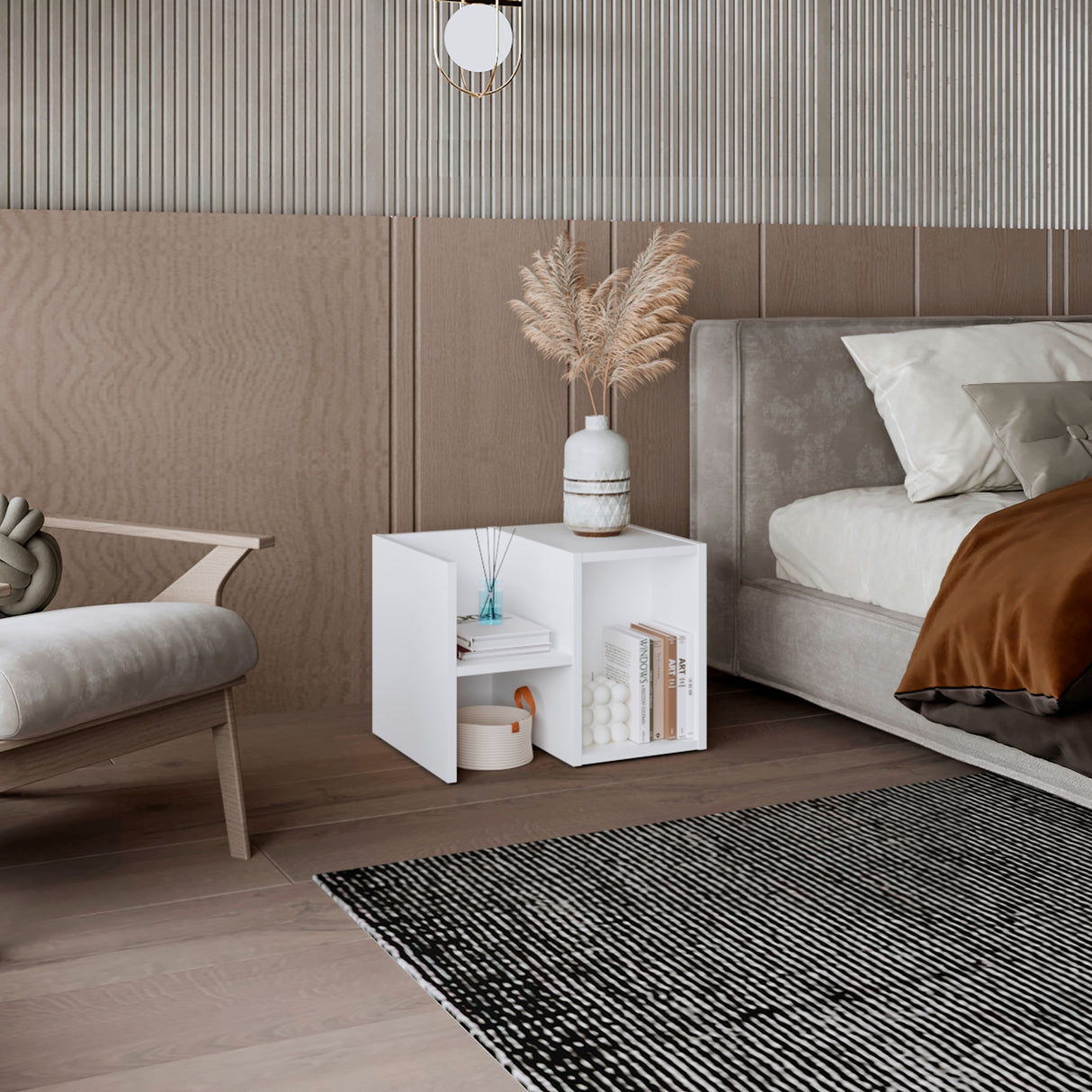 Mesa de Noche Ocaso Blanco 35x48.2cm con Tres Compartimientos y Un Entrepaño - MESAS DE NOCHE | Bylmo