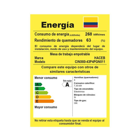 Estufa de empotrar Haceb Platina Acero 61x44.5cm para Gas Natural con Cuatro Quemadores - ESTUFAS DE EMPORTRAR Y CUBIERTAS | Bylmo
