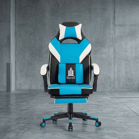 Silla Gamer Edifice Azul Claro y Negro 66x124cm Ergonómica con Apoya Brazos con Espaldar Reclinable y con Apoya Cabezas - SILLAS DE OFICINA | Bylmo