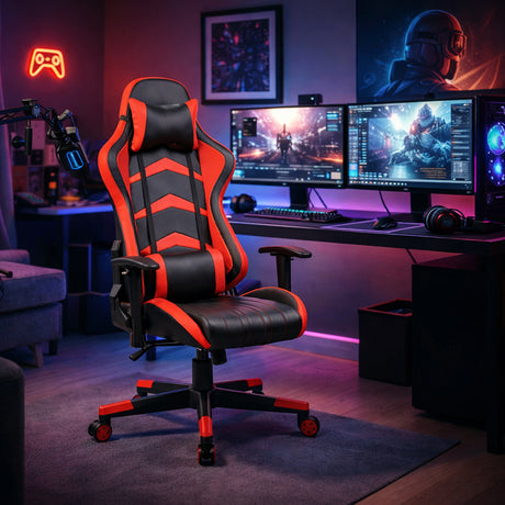 Silla Gamer Red Strike Rojo y Negro 68x137cm Ergonómica con Apoya Brazos con Espaldar Reclinable y con Apoya Cabezas - SILLAS DE OFICINA | Bylmo