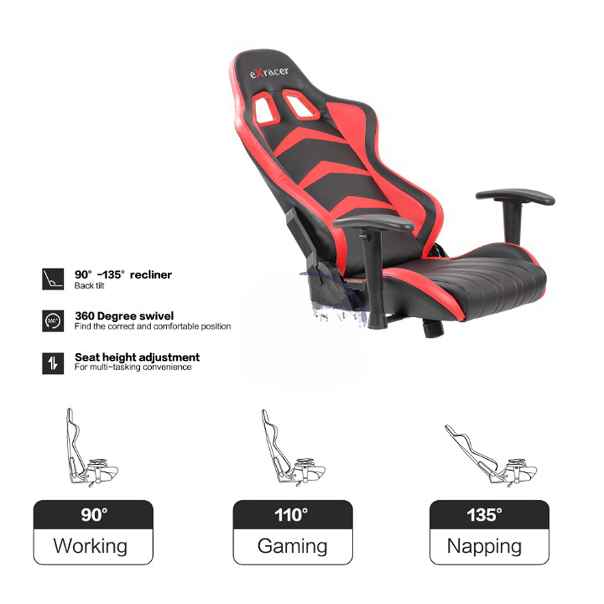 Silla Gamer Red Strike Rojo y Negro 68x137cm Ergonómica con Apoya Brazos con Espaldar Reclinable y con Apoya Cabezas - SILLAS DE OFICINA | Bylmo