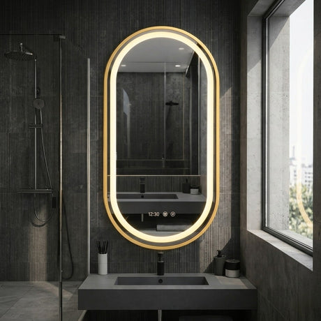 Espejo de Baño Led 55x100cm Ovalado Antiempaño con Marco Metalico Dorado Con Biselado y con SandBlasting - ESPEJOS DE BANHO | Bylmo